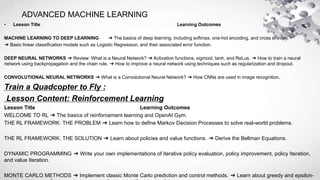 ADVANCED MACHINE LEARNING
• Lesson Title Learning Outcomes
MACHINE LEARNING TO DEEP LEARNING ➔ The basics of deep learning, including softmax, one-hot encoding, and cross entropy.
➔ Basic linear classification models such as Logistic Regression, and their associated error function.
DEEP NEURAL NETWORKS ➔ Review: What is a Neural Network? ➔ Activation functions, sigmoid, tanh, and ReLus. ➔ How to train a neural
network using backpropagation and the chain rule. ➔ How to improve a neural network using techniques such as regularization and dropout.
CONVOLUTIONAL NEURAL NETWORKS ➔ What is a Convolutional Neural Network? ➔ How CNNs are used in image recognition.
Train a Quadcopter to Fly :
Lesson Content: Reinforcement Learning
Lesson Title Learning Outcomes
WELCOME TO RL ➔ The basics of reinforcement learning and OpenAI Gym.
THE RL FRAMEWORK: THE PROBLEM ➔ Learn how to define Markov Decision Processes to solve real-world problems.
THE RL FRAMEWORK: THE SOLUTION ➔ Learn about policies and value functions. ➔ Derive the Bellman Equations.
DYNAMIC PROGRAMMING ➔ Write your own implementations of iterative policy evaluation, policy improvement, policy Iteration,
and value Iteration.
MONTE CARLO METHODS ➔ Implement classic Monte Carlo prediction and control methods. ➔ Learn about greedy and epsilon-
 