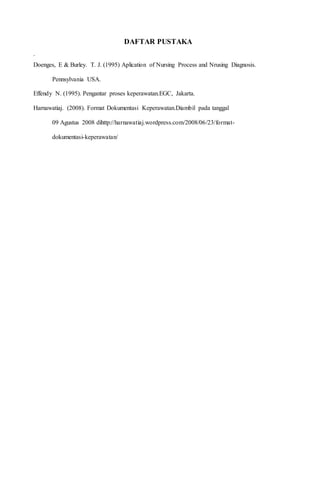 DAFTAR PUSTAKA
.
Doenges, E & Burley. T. J. (1995) Aplication of Nursing Process and Nrusing Diagnosis.
Pennsylvania USA.
Effendy N. (1995). Pengantar proses keperawatan.EGC, Jakarta.
Harnawatiaj. (2008). Format Dokumentasi Keperawatan.Diambil pada tanggal
09 Agustus 2008 dihttp://harnawatiaj.wordpress.com/2008/06/23/format-
dokumentasi-keperawatan/
 