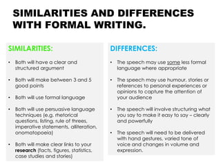 SIMILARITIES AND DIFFERENCES
WITH FORMAL WRITING.
SIMILARITIES:
• Both will have a clear and
structured argument
• Both will make between 3 and 5
good points
• Both will use formal language
• Both will use persuasive language
techniques (e.g. rhetorical
questions, listing, rule of threes,
imperative statements, alliteration,
onomatopoeia)
• Both will make clear links to your
research (facts, figures, statistics,
case studies and stories)
DIFFERENCES:
• The speech may use some less formal
language where appropriate
• The speech may use humour, stories or
references to personal experiences or
opinions to capture the attention of
your audience
• The speech will involve structuring what
you say to make it easy to say – clearly
and powerfully
• The speech will need to be delivered
with hand gestures, varied tone of
voice and changes in volume and
expression.
 