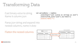 Transforming Data
Cast binary value to string
Name it column json
Parse json string and expand into
nested columns, name it data
Flatten the nested columns
25
val parsedData = rawData
.selectExpr("cast (value as string) as json")
.select(from_json("json").as("data"))
.select("data.*")
data (nested)
timestamp device …
1486087873 devA …
1486086721 devX …
timestamp device …
1486087873 devA …
1486086721 devX …
select("data.*")
(not nested)
 