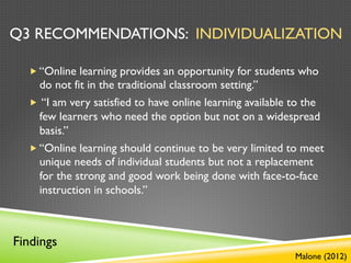 Q3 RECOMMENDATIONS: INDIVIDUALIZATION

  „ “Online learning provides an opportunity for students who
     do not fit in the traditional classroom setting.”
  „  “I am very satisfied to have online learning available to the
     few learners who need the option but not on a widespread
     basis.”
  „ “Online learning should continue to be very limited to meet
     unique needs of individual students but not a replacement
     for the strong and good work being done with face-to-face
     instruction in schools.”



Findings
                                                            Malone (2012)
 