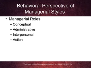 Behavioral Perspective of
         Managerial Styles
• Managerial Roles
  – Conceptual
  – Administrative
  – Interpersonal
  – Action




          Copyright © 2006 by Thomson Delmar Learning. ALL RIGHTS RESERVED.   11
 