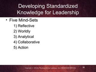 Developing Standardized
     Knowledge for Leadership
• Five Mind-Sets
   1) Reflective
   2) Worldly
   3) Analytical
   4) Collaborative
   5) Action




          Copyright © 2006 by Thomson Delmar Learning. ALL RIGHTS RESERVED.   56
 