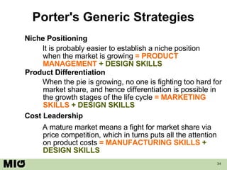 Porter's Generic Strategies Niche Positioning Product Differentiation Cost Leadership It is probably easier to establish a niche position when the market is growing  = PRODUCT MANAGEMENT  + DESIGN SKILLS When the pie is growing, no one is fighting too hard for market share, and hence differentiation is possible in the growth stages of the life cycle   = MARKETING SKILLS  + DESIGN SKILLS A mature market means a fight for market share via price competition, which in turns puts all the attention on product costs  = MANUFACTURING SKILLS  + DESIGN SKILLS 