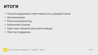 ИТОГИ 
• Полное разделение ответственности у разработчиков 
• Автоматизация 
• Реиспользуемый код 
• Библиотеки блоков 
• Один язык общения для всей команды 
• Простая поддержка 
Как мы жили до БЭМа и к чему пришли с ним • Воищев Иван • Factory.mn 
55 / 60 
 