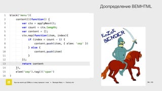 Доопределение BEMHTML 
! 
Как мы жили до БЭМа и к чему пришли с ним • Воищев Иван • Factory.mn 34 / 60 
 