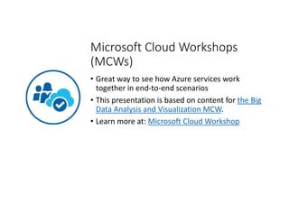 Microsoft Cloud Workshops
(MCWs)
• Great way to see how Azure services work
together in end-to-end scenarios
• This presentation is based on content for the Big
Data Analysis and Visualization MCW.
• Learn more at: Microsoft Cloud Workshop
 