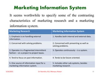 Marketing Information System
It seems worthwhile to specify some of the contrasting
characteristics of marketing research and a marketing
information system.
5/16/2021 Dr. Ravindra, IGU, Meerpur, Rewari 18
Marketing Research Marketing Information System
1. Emphasis is on handling external
information.
1. Handles both internal and external data.
2. Concerned with solving problems. 2. Concerned with preventing as well as
solving problems.
3. Operates in a fragmented intermittent
fashion – on a project to project bases.
3. Operates continuously – is a system.
4. Tend to focus on past information. 4. Tends to be future oriented.
5. One source of information input for a
marketing information system.
5. Includes other sub-systems, besides
marketing research.
 