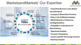 MarketsandMarkets’ Our Expertise
- Compelling Business cases Market
size Estimations
- Company & Market Best Practices
- Entry or Go-To-Market strategies
- Market Dynamics, Positioning
and Segmentations
- Competitive Landscaping and
Benchmarking
- Opportunity Analysis
- Economic Forecasting
- Industry-specific Technology solutions
- Roadmap Analysis
 