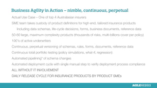 Business Agility in Action – nimble, continuous, perpetual

Actual Use Case – One of top 4 Australasian insurers

SME team takes custody of product deﬁnitions for high-end, tailored insurance products

Including data schemas, life-cycle decisions, forms, business documents, reference data

50-60 large, maximum complexity products (thousands of risks, multi-billions cover per policy)

100’s of active underwriters

Continuous, perpetual versioning of schemas, rules, forms, documents, reference data

Continuous total portfolio testing (policy simulations, what-if, regression)

Automated pipelining* of schema changes

Automated deployment cycle with single manual step to verify deployment process compliance

ALL WITHOUT IT INVOLVEMENT

DAILY RELEASE CYCLE FOR INSURANCE PRODUCTS BY PRODUCT SMEs

 