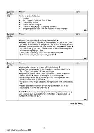 Question      Answer                                                                   Mark
Number
4(a)          Any   three of the following:
              •     Coastal.
              •     More towards East coast/less in West.
              •     Cluster near Beijing.
              •     Cluster around Shanghai.
              •     Cluster in Hong Kong / Guangdong province.
              •     Low growth more than 1500 km inland / interior / centre.
                                                                                                   (3)

Question      Answer                                                                   Mark
Number
4(b)
              • Rural-urban migration     and may have details
              • Generic push factors include rural overpopulation, disasters, other
                problems and award for specifics e.g. role of farming reforms
              • Generic pull factors include jobs, health, education   and award
                for specifics e.g. TNC work opportunities in well-connected global
                hubs or Beijing Olympics jobs
              • Transport / technology improvements aid migration
              • Natural increase plays a role in city growth
                                                                                                   (4)

Question      Answer                                                                   Mark
Number
4©            • Migrants lack money so rely on self-built housing
              • Allow ‘too many people’ if it is linked to something specific e.g.
                lack of jobs thus poverty & poor housing
              • Pay is often low in ‘sweat-shops’ so migrants cannot move into
                better housing as part of the cycle of urbanisation
              • Developing nations lack sufficient planned housing     and vital
                infrastructure such as sewers
              • Developed world mega-cities also have problems with homelessness

              • Credit idea than conditions are an improvement on life in the
                countryside so slums are tolerated

              Award mark for any convincing detail for mega-cities named (e.g.
              uses a named slum such as Dharavi in Mumbai; or quotes data e.g.
              number of arrivals per day).
                                                                                                   (4)

                                                                                (Total 11 Marks)




                                               9
8GE01 Mark Scheme Summer 2009
 