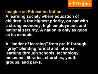 Imagine an Education Nation:   A learning society where education of children is the highest priority, on par with a strong economy, high employment, and national security. A nation is only as good as its schools. A  “ladder of learning” from pre-K through “gray” blending formal and informal learning through schools, technology, museums, libraries, churches, youth groups, and parks. 