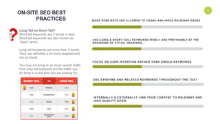 ENVIRONMENT 13
MAKE SURE BOTS ARE ALLOWED TO CRAWL AND INDEX RELEVANT PAGES
USE (LONG & SHORT-TAIL) KEYWORDS WISELY AND PREFERABLY AT THE
BEGINNING OF TITLES, HEADINGS…
FOCUS ON USER INTENTION RATHER THAN SINGLE KEYWORDS
USE SYNOYMS AND RELATED KEYWORDS THROUGHOUT THE TEXT
INTERNALLY & EXTERNALLY LINK YOUR CONTENT TO RELEVANT AND
HIGH QUALITY SITES.
Long Tail vs Short Tail?
Short tail keywords are 3 words or less.
Short tail keywords are also known as
“head” terms.
Long tail keywords are more than 3 words.
They are definitely a lot more targeted and
not as broad.
You may not bring in as much search traffic
from long tail keywords but the traffic you
do bring in is the kind you are looking for.
ON-SITE SEO BEST
PRACTICES
 