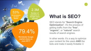 ENVIRONMENT 3
What is SEO?
SEO stands for "Search Engine
Optimization". It's the process of
getting traffic from the "free",
"organic", or "natural" search
results of search engines.
In other words: It’s a way to optimize
your content for the users AND the
bots and make it easily findable 
79.4%
2.3M
Number of
searches on
Google every
second!
Worldwide Google
market share on
June 2017!
53%
of connexions
are from
Mobile.
 