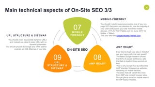 ENVIRONMENT 34
ON-SITE SEO
MOBILE-FRIENDLY
AMP READY
URL STRUCTURE & SITEMAP
You should avoid as possible dynamic URLs
and instead use clean & static URL with no
dynamic parameter.
You should provide to Google and other search
engines an XML Sitemap of your site.
MOBILE
FRIENDLY
07
AMP READY
08URL
STRUCTURE &
SITEMAP
09
You should include responsiveness as one of your on-
page SEO factors to pay attention to, now the majority of
your users will access your site from their mobile
devices. (71% for 1001Pallets.com on June, 2017 for
Mobile + Tablet).
Test your site with Google Mobile Friendly Tool
Ever tried to load your site on mobile?
Are you happy with the load speed?
The latest Google research shows
that 53% of people will leave a site
that fails to load in three seconds or
less.
This is why Google has launched the
AMP standard to speed-up websites
rendering on mobile devices.
The sites that will benefit the most
from AMP are content focused sites.
Google give a boost on mobile search
to AMP ready websites.
Main technical aspects of On-Site SEO 3/3
 