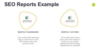 ENVIRONMENT 49
This monthly SEO dashboard
help us to see how our main
SEO metrics was on the
previous month.
MONTHLY DASHBOARD MONTHLY ACTIONS
This monthly SEO actions
gives us the main actions to
perform on our website
following the SEO strategy
validated with our specialist.
Feuille de calcul
Microsoft Excel 97
SEO Reports Example
Feuille de calcul
Microsoft Excel 97
 