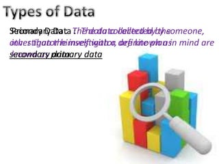 Secondary Data The data collected byby someone,
Primary Data : : The data collected the
other than the investigator, definite plan in mind are
investigator himself with a are known as
secondary primary data
known as data

 