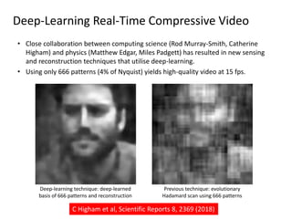 • Close collaboration between computing science (Rod Murray-Smith, Catherine
Higham) and physics (Matthew Edgar, Miles Padgett) has resulted in new sensing
and reconstruction techniques that utilise deep-learning.
• Using only 666 patterns (4% of Nyquist) yields high-quality video at 15 fps.
Previous technique: evolutionary
Hadamard scan using 666 patterns
Deep-learning technique: deep-learned
basis of 666 patterns and reconstruction
Deep-Learning Real-Time Compressive Video
C Higham et al, Scientific Reports 8, 2369 (2018)
 