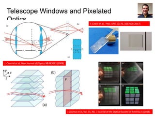 Telescope Windows and Pixelated
Optics
J. Courtial et al, New Journal of Physics 10 083033 (2008)
E Cowie et al, Proc. SPIE 10376, 103760I (2017)
J Courtial et al, Vol. 35, No. 7 Journal of the Optical Society of America A (2018)
 