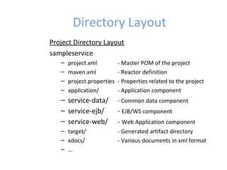 Directory Layout
Project Directory Layout
sampleservice
– project.xml - Master POM of the project
– maven.xml - Reactor definition
– project.properties - Properties related to the project
– application/ - Application component
– service-data/ - Common data component
– service-ejb/ - EJB/WS component
– service-web/ - Web Application component
– target/ - Generated artifact directory
– xdocs/ - Various documents in xml format
– …
 