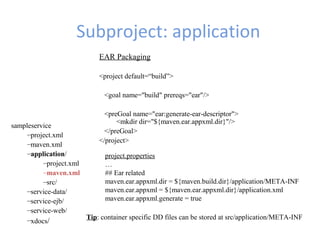 Subproject: application
sampleservice
–project.xml
–maven.xml
–application/
–project.xml
–maven.xml
–src/
–service-data/
–service-ejb/
–service-web/
–xdocs/
EAR Packaging
<project default=“build”>
<goal name="build" prereqs="ear"/>
<preGoal name="ear:generate-ear-descriptor">
<mkdir dir="${maven.ear.appxml.dir}"/>
</preGoal>
</project>
project.properties
…
## Ear related
maven.ear.appxml.dir = ${maven.build.dir}/application/META-INF
maven.ear.appxml = ${maven.ear.appxml.dir}/application.xml
maven.ear.appxml.generate = true
Tip: container specific DD files can be stored at src/application/META-INF
 