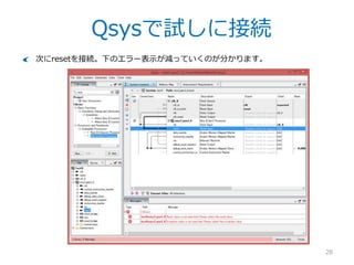 Qsysで試しに接続
28
Finishを押すと元の画面に戻ります。Nios IIが追加されているのが確認できます。沢
山エラーが出ていますね。
接続ポイントをクリックしクロックを接続してみます。
– 最初から接続されているところもありますね。
 