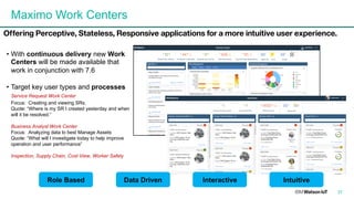 Maximo Work Centers
Role Based
Offering Perceptive, Stateless, Responsive applications for a more intuitive user experience.
• With continuous delivery new Work
Centers will be made available that
work in conjunction with 7.6
• Target key user types and processes
Service Request Work Center
Focus: Creating and viewing SRs.
Quote: “Where is my SR I created yesterday and when
will it be resolved.”
Business Analyst Work Center
Focus: Analyzing data to best Manage Assets
Quote: “What will I investigate today to help improve
operation and user performance”
Inspection, Supply Chain, Cost View, Worker Safety
37
IntuitiveInteractiveData Driven
 