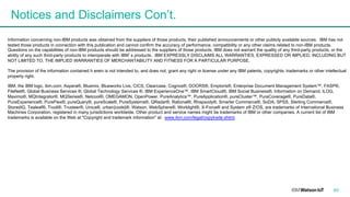 Notices and Disclaimers Con’t.
Information concerning non-IBM products was obtained from the suppliers of those products, their published announcements or other publicly available sources. IBM has not
tested those products in connection with this publication and cannot confirm the accuracy of performance, compatibility or any other claims related to non-IBM products.
Questions on the capabilities of non-IBM products should be addressed to the suppliers of those products. IBM does not warrant the quality of any third-party products, or the
ability of any such third-party products to interoperate with IBM’s products. IBM EXPRESSLY DISCLAIMS ALL WARRANTIES, EXPRESSED OR IMPLIED, INCLUDING BUT
NOT LIMITED TO, THE IMPLIED WARRANTIES OF MERCHANTABILITY AND FITNESS FOR A PARTICULAR PURPOSE.
The provision of the information contained h erein is not intended to, and does not, grant any right or license under any IBM patents, copyrights, trademarks or other intellectual
property right.
IBM, the IBM logo, ibm.com, Aspera®, Bluemix, Blueworks Live, CICS, Clearcase, Cognos®, DOORS®, Emptoris®, Enterprise Document Management System™, FASP®,
FileNet®, Global Business Services ®, Global Technology Services ®, IBM ExperienceOne™, IBM SmartCloud®, IBM Social Business®, Information on Demand, ILOG,
Maximo®, MQIntegrator®, MQSeries®, Netcool®, OMEGAMON, OpenPower, PureAnalytics™, PureApplication®, pureCluster™, PureCoverage®, PureData®,
PureExperience®, PureFlex®, pureQuery®, pureScale®, PureSystems®, QRadar®, Rational®, Rhapsody®, Smarter Commerce®, SoDA, SPSS, Sterling Commerce®,
StoredIQ, Tealeaf®, Tivoli®, Trusteer®, Unica®, urban{code}®, Watson, WebSphere®, Worklight®, X-Force® and System z® Z/OS, are trademarks of International Business
Machines Corporation, registered in many jurisdictions worldwide. Other product and service names might be trademarks of IBM or other companies. A current list of IBM
trademarks is available on the Web at "Copyright and trademark information" at: www.ibm.com/legal/copytrade.shtml.
60
 