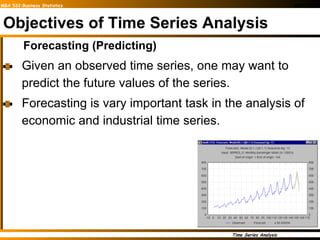 Objectives of Time Series Analysis Forecasting (Predicting) Given an observed time series, one may want to predict the future values of the series. Forecasting is vary important task in the analysis of economic and industrial time series.   