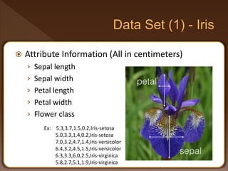  Attribute Information (All in centimeters)
› Sepal length
› Sepal width
› Petal length
› Petal width
› Flower class
Ex: 5.3,3.7,1.5,0.2,Iris-setosa
5.0,3.3,1.4,0.2,Iris-setosa
7.0,3.2,4.7,1.4,Iris-versicolor
6.4,3.2,4.5,1.5,Iris-versicolor
6.3,3.3,6.0,2.5,Iris-virginica
5.8,2.7,5.1,1.9,Iris-virginica
 