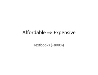 Aﬀordable	
  ⇒	
  Expensive	
  
Textbooks	
  (+800%)	
  
 