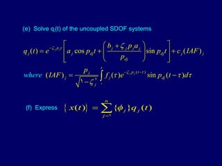 (e)  Solve q i (t) of the uncoupled SDOF systems  (f)  Express 