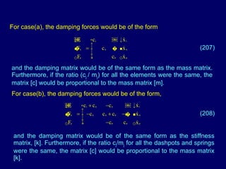 For case(a), the damping forces would be of the form  (207) and the damping matrix would be of the same form as the mass matrix. Furthermore, if the ratio (c j  / m j ) for all the elements were the same, the matrix [c] would be proportional to the mass matrix [m]. For case(b), the damping forces would be of the form,  (208) and the damping matrix would be of the same form as the stiffness matrix, [k]. Furthermore, if the ratio c j /m j  for all the dashpots and springs were the same, the matrix [c] would be proportional to the mass matrix [k]. 