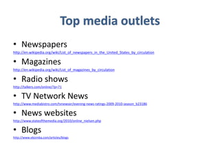 • Newspapers
http://en.wikipedia.org/wiki/List_of_newspapers_in_the_United_States_by_circulation
• Magazines
http://en.wikipedia.org/wiki/List_of_magazines_by_circulation
• Radio shows
http://talkers.com/online/?p=71
• TV Network News
http://www.mediabistro.com/tvnewser/evening-news-ratings-2009-2010-season_b23186
• News websites
http://www.stateofthemedia.org/2010/online_nielsen.php
• Blogs
http://www.ebizmba.com/articles/blogs
 