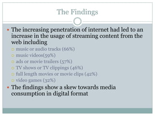 The FindingsMusic85% of them spent some time listening to music on a PC, portable device or mobile deviceAlmost 75% listened to music on CDs63% streamed or downloaded content/ music on a PC or portable deviceGames Respondents preferred playing games on PC or mobile device as against a game console This is expected as the number of people owning game consoles is very low 59% spent time playing games on PC, while 29% spent time on game consoles