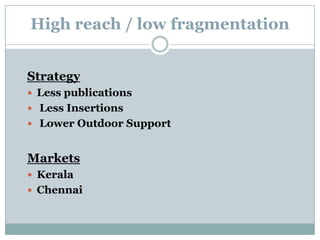 Low reach / high fragmentationStrategyMore publications  More Insertions   Higher Outdoor SupportMarketsKolkataRest of West BengalRest of MaharashtraPunjab, Haryana & ChandigarhBangaloreRest of Karnataka