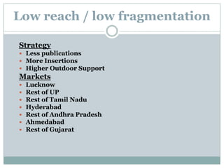 High reach / high fragmentationStrategyMore publications   Less Insertions   Lower Outdoor SupportMarketsMumbaiAssam