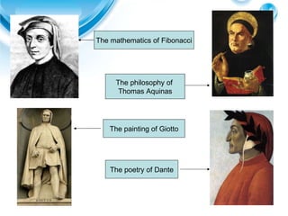 The philosophy of  Thomas Aquinas The mathematics of Fibonacci The painting of Giotto The poetry of Dante 