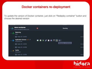 Docker containers re-deployment
To update the version of Docker container, just click on “Redeploy container” button and
choose the desired version
 