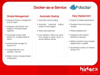 Docker-as-a-Service
Easy DeploymentSimple Management
• Interactive Docker management
UI & CLI client
• Integration with Docker Hub
Registry & CoreOS private
registries
• Full access to logs inside
Docker CT, including stderr &
stdout
• Interactive file manager for
Docker CTs
• Configurable links, env.
variables, volumes
• Ability to clone complex Docker
configuration
• Automatic vertical scaling
• Automatic horizontal scaling
based on load triggers
• Sticky load balancing
• Live migration: within one cloud,
from private to public cloud, or
across different clouds
• Support of stateful applications
• Persistent local and shared
storage
• Rolling redeployment
• Integration with Jenkins,
Bamboo & Teamcity
• Ability to perform huge complex
deployments in parallel
• Accelerated creation of massive
Docker CTs
Automatic Scaling
 