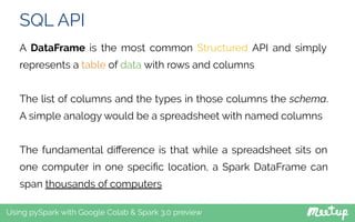 SQL API
Using pySpark with Google Colab & Spark 3.0 preview
A DataFrame is the most common Structured API and simply
represents a table of data with rows and columns
The list of columns and the types in those columns the schema.
A simple analogy would be a spreadsheet with named columns
The fundamental diﬀerence is that while a spreadsheet sits on
one computer in one speciﬁc location, a Spark DataFrame can
span thousands of computers
 