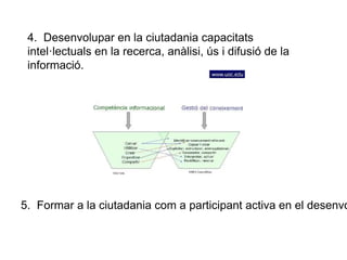 4. Desenvolupar en la ciutadania capacitats 
intel·lectuals en la recerca, anàlisi, ús i difusió de la 
informació. 
5. Formar a la ciutadania com a participant activa en el desenvolupament  