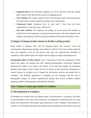 o Staggered hours:in this flexibility employees can arrive and leave from the working
place whenever they like but also create an overlapping period.
o Tele working: The workers mainly do their work through mobile telecommunication
from their home or outside rather than coming to the working place.
o Compressed hours: Employees have to work total 5 fixed days and hours
weeklyandevery week they enjoy a full day off.
o Zero hour contract: The employers can arrange an on-call system that includes no
specific time for the employees. Accepting and rejecting the work totally depend on the
employee and employer, and also the payment depend on the hours the employee work.

2.4 Impact of changes in labor market on flexible working practice:
Labor market is changing often with the changing factors like economic, social and
environmental. Organizational strategic goal should be achieved if the firms confirm about the
skills and competency level for job position while they hire employees.The flexibility of
workplace in labor market needs to be related with the changes in supply and demand curve.
Demographic phases in labor market: since a long period of time the components of labor
market like supply and demand have been shaping bydemographic trend.Lower birthrateis
decreasing the supply of new labor in the market. At the same time lengthy life expectation
broaden up the supply of older worker who have to work even after retirement. Participation of
women increase in workplace and it changed the environment, policies and gender ratio in
workplace. The flexibility approaches in workplace are also changing with this type of
demographic changes. To achieve organizational strategic goal diverse workforce andtheir
changing condition of demographic needs different flexibility.

Task- 3 Impact of equal opportunities in workplace
3.1 Discrimination in workplace:
In Workplace the workers often face different types of discriminations. According to ILO there
are discrimination on the basis of the differences in background of individual, their race, age,
gender and characteristics that hamper equal opportunity at their workplace. Discrimination in
workers of a firm hampers the human development process, humiliation and violations occur and

8

 