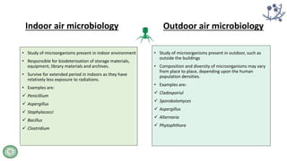 Indoor air microbiology
• Study of microorganisms present in indoor environment
• Responsible for biodeterioation of storage materials,
equipment, library materials and archives.
• Survive for extended period in indoors as they have
relatively less exposure to radiations.
• Examples are:
 Penicillium
 Aspergillus
 Staphylococci
 Bacillus
 Clostridium
Outdoor air microbiology
• Study of microorganisms present in outdoor, such as
outside the buildings
• Composition and diversity of microorganisms may vary
from place to place, depending upon the human
population densities.
• Examples are:
 Cladosporiul
 Sporobolomyces
 Aspergillus
 Alternaria
 Phytophthora
 