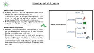 Marine water microorganisms
• Make up about 70 - 90%, of the biomass in the ocean.
Bacteria and phages make up majority of it.
• Responsible for nearly all photosynthesis that occurs in the
ocean, as well as the cycling of carbon, nitrogen,
phosphorus and other nutrients and trace elements.
• Marine microorganisms sequester large amounts of carbon
and produce much of the world’s oxygen.
Fresh water microorganisms
• Algae and cyanobacteria conduct photosynthesis to harvest
the Sun's energy. Other organisms feed on these organisms,
forming the next link in the food chain.
• Decomposers- important part of fresh-water ecosystems
because they consume dead bodies of plants, animals, and
other microbes. Without microbial decomposers, minerals
and nutrients critical to plant and animal growth would not
be made available to support other levels of the fresh-water
food chain.
Microorganisms in water
 