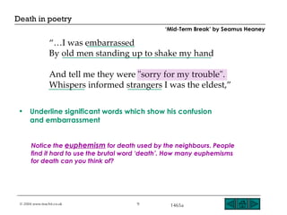 “… I was embarrassed By old men standing up to shake my hand And tell me they were &quot;sorry for my trouble&quot;.  Whispers informed strangers I was the eldest,” Underline significant words which show his confusion  and embarrassment Notice the  euphemism  for death used by the neighbours. People find it hard to use the brutal word ‘death’. How many euphemisms for death can you think of? ‘ Mid-Term Break’ by Seamus Heaney 