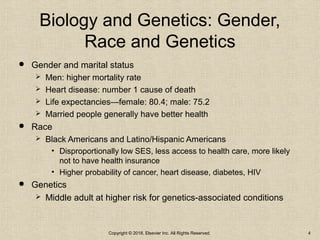 Biology and Genetics: Gender,
Race and Genetics
 Gender and marital status
 Men: higher mortality rate
 Heart disease: number 1 cause of death
 Life expectancies—female: 80.4; male: 75.2
 Married people generally have better health
 Race
 Black Americans and Latino/Hispanic Americans
• Disproportionally low SES, less access to health care, more likely
not to have health insurance
• Higher probability of cancer, heart disease, diabetes, HIV
 Genetics
 Middle adult at higher risk for genetics-associated conditions
Copyright © 2018, Elsevier Inc. All Rights Reserved. 4
 