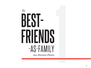 44
Recently, trending topics on social media show an
American populace intrigued by a killer new idea
about home, community and meaning: instead of a
McMansion, why not aspire to live in a “bestie row”
of eco-houses, alongside your nearest and dearest?
DOESN’T
THAT
SOUND
LIKE A
LOT MORE
FUN?
 