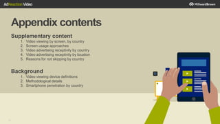 Appendix contents
42
Supplementary content
1. Video viewing by screen, by country
2. Screen usage approaches
3. Video advertising receptivity by country
4. Video advertising receptivity by location
5. Reasons for not skipping by country
Background
1. Video viewing device definitions
2. Methodological details
3. Smartphone penetration by country
 