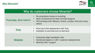 Why Mirantis?
Why do customers choose Mirantis?
Pure-play, Zero lock-in
•  No proprietary hooks or bundling
•  Open architecture for best of breed plug-ins
•  Partnerships with VMware, Oracle, Juniper, Intel and many
others
Easy
•  Point and click deployment with Fuel
•  Available on-premise and on-demand
Reliable
•  Enterprise High Availability (HA)
•  Hardened based on 130+ customer deployments
•  Mirantis 24x7 support
 